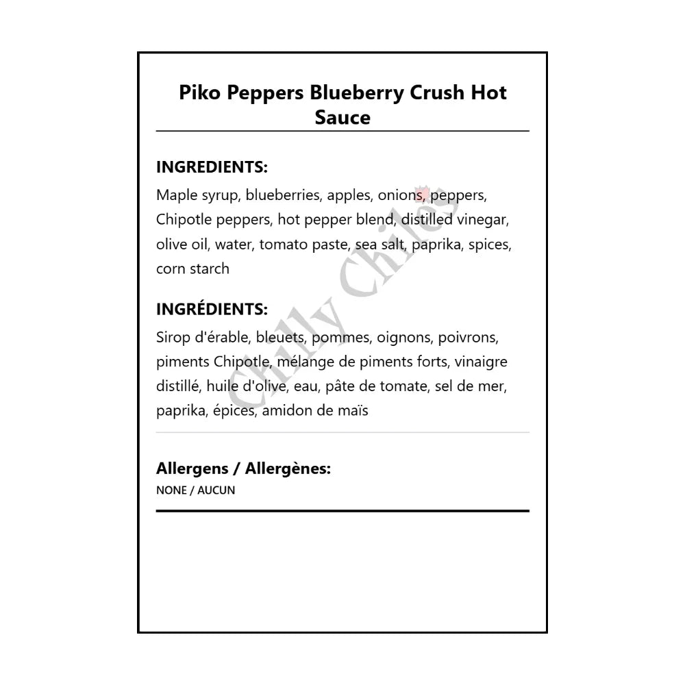 Piko Peppers Blueberry Crush Hot Sauce - Bilingual Ingredients