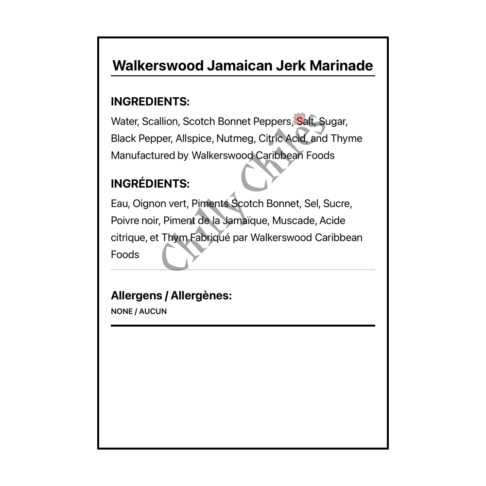 Walkerswood Jamaican Jerk Marinade - Bilingual Ingredients