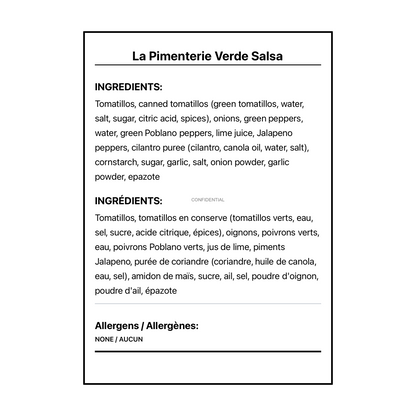 La Pimenterie Verde Salsa - Bilingual Ingredients