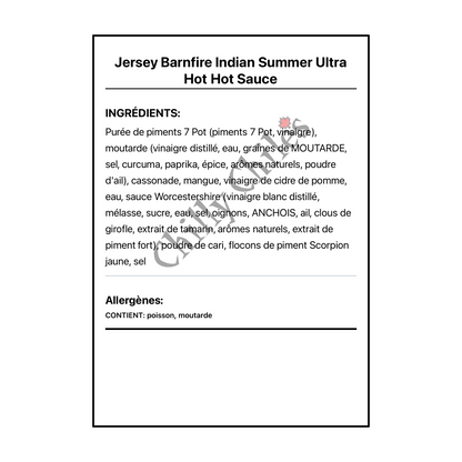 Jersey Barnfire Indian Summer Ultra Hot Hot Sauce - Ingrédients Français