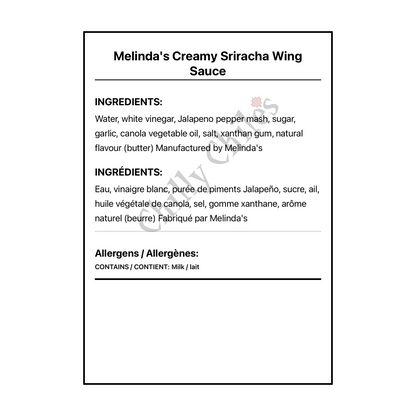 Melinda's Creamy Sriracha Wing Sauce - Bilingual Ingredients