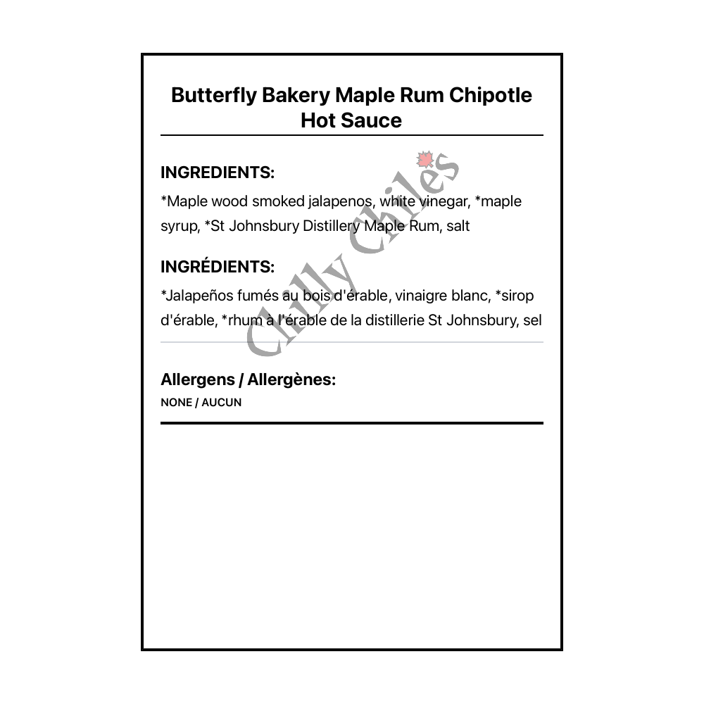 Butterfly Bakery Maple Rum Chipotle Hot Sauce - Bilingual Ingredients