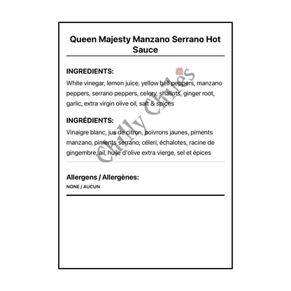 Queen Majesty Manzano Serrano Hot Sauce - Bilingual Ingredients