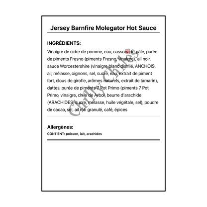 Jersey Barnfire Molegator Hot Sauce - Ingrédients Français