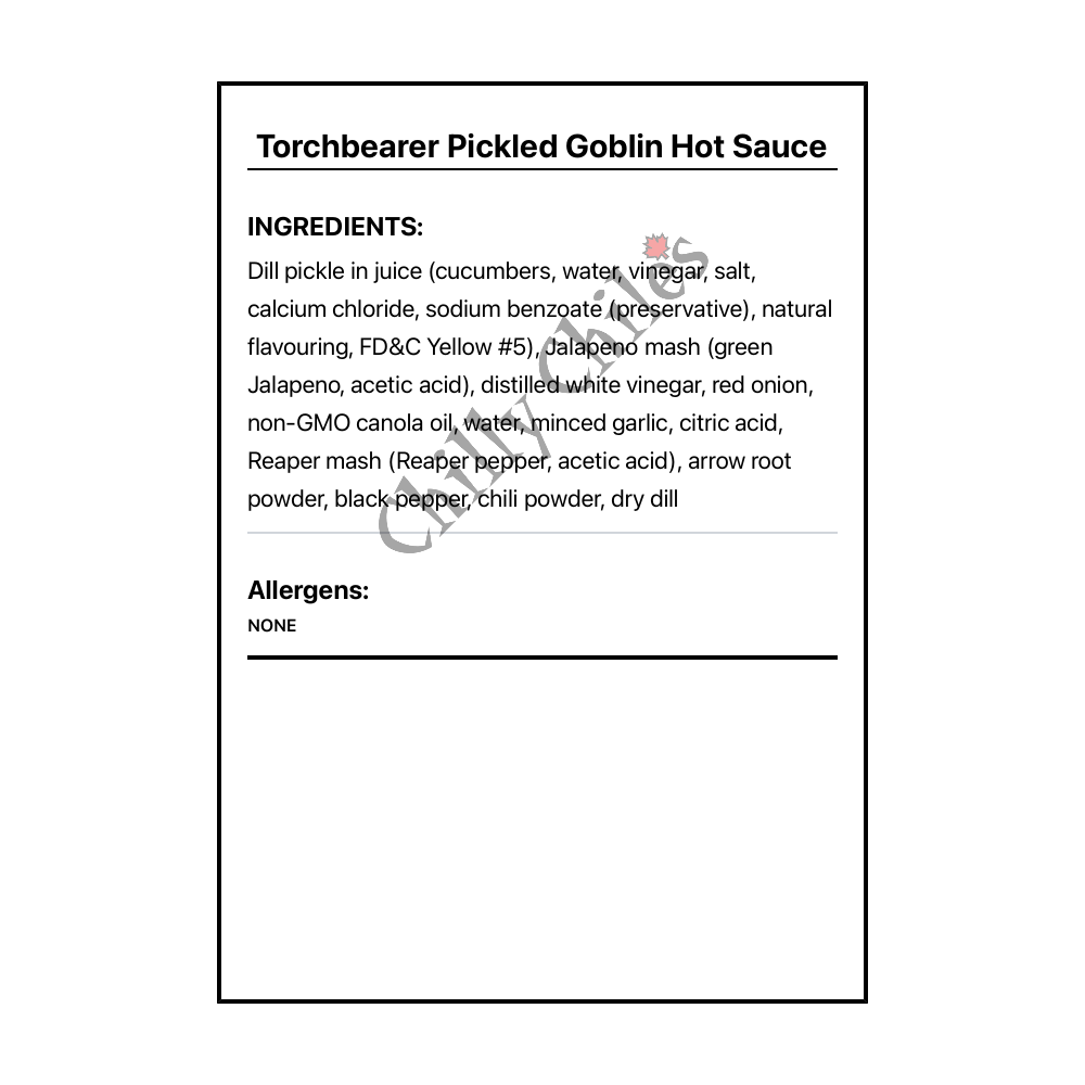 Torchbearer Pickled Goblin Hot Sauce - Bilingual Ingredients
