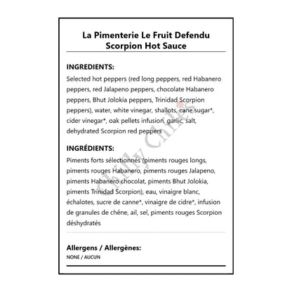 La Pimenterie Le Fruit Defendu Scorpion Hot Sauce - Bilingual Ingredients
