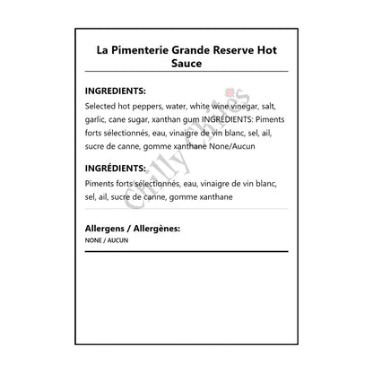 La Pimenterie Grande Reserve Hot Sauce - Bilingual Ingredients