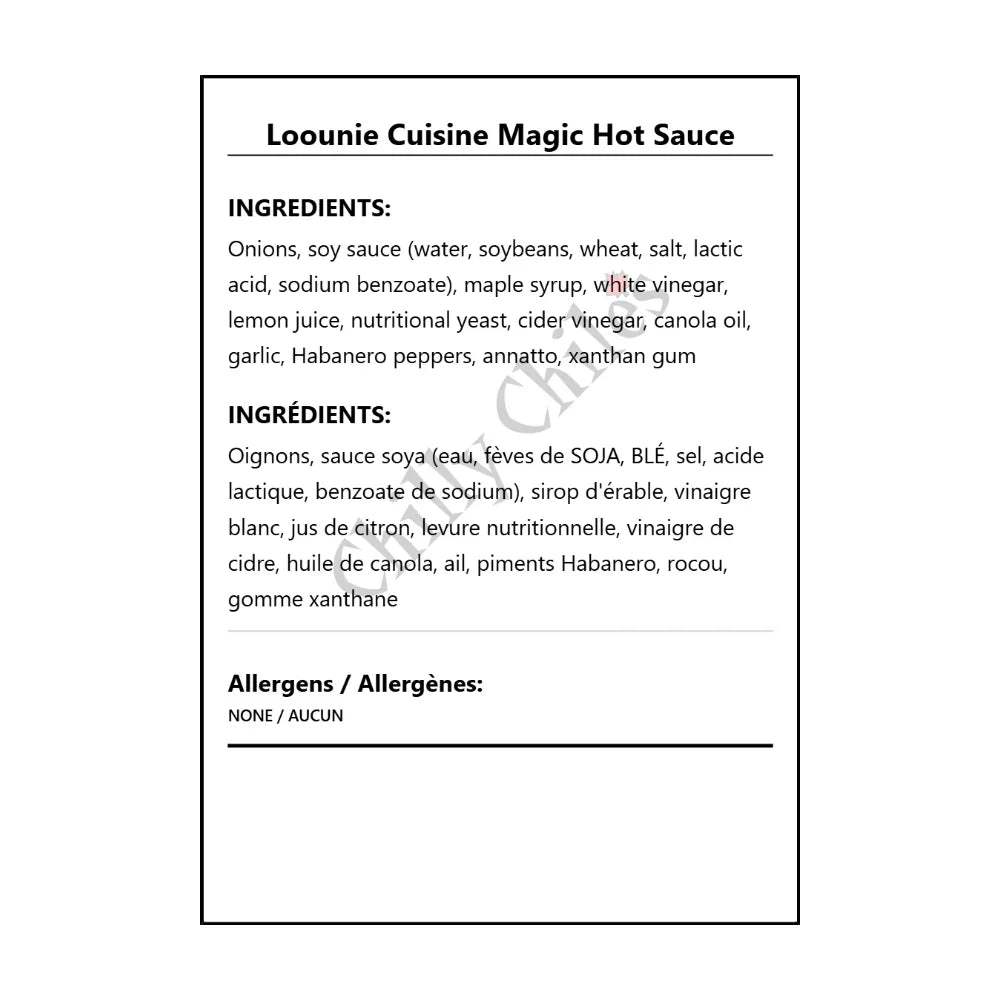 Loounie Cuisine Magic Hot Sauce - Bilingual Ingredients