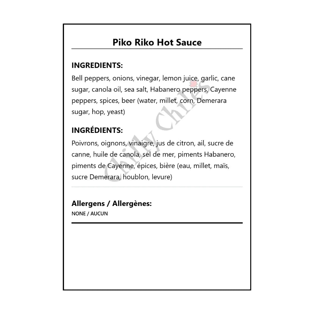 Piko Riko Hot Sauce - Bilingual Ingredients