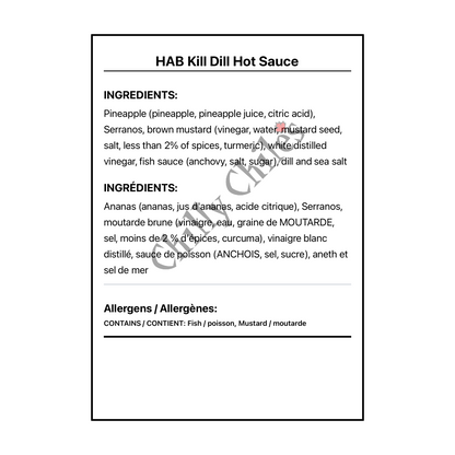 HAB Kill Dill Hot Sauce - Bilingual Ingredients