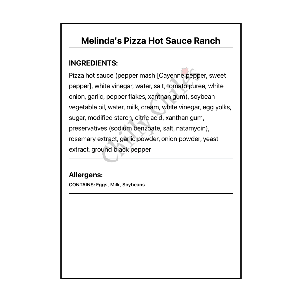 Melinda's Pizza Hot Sauce Ranch - Bilingual Ingredients
