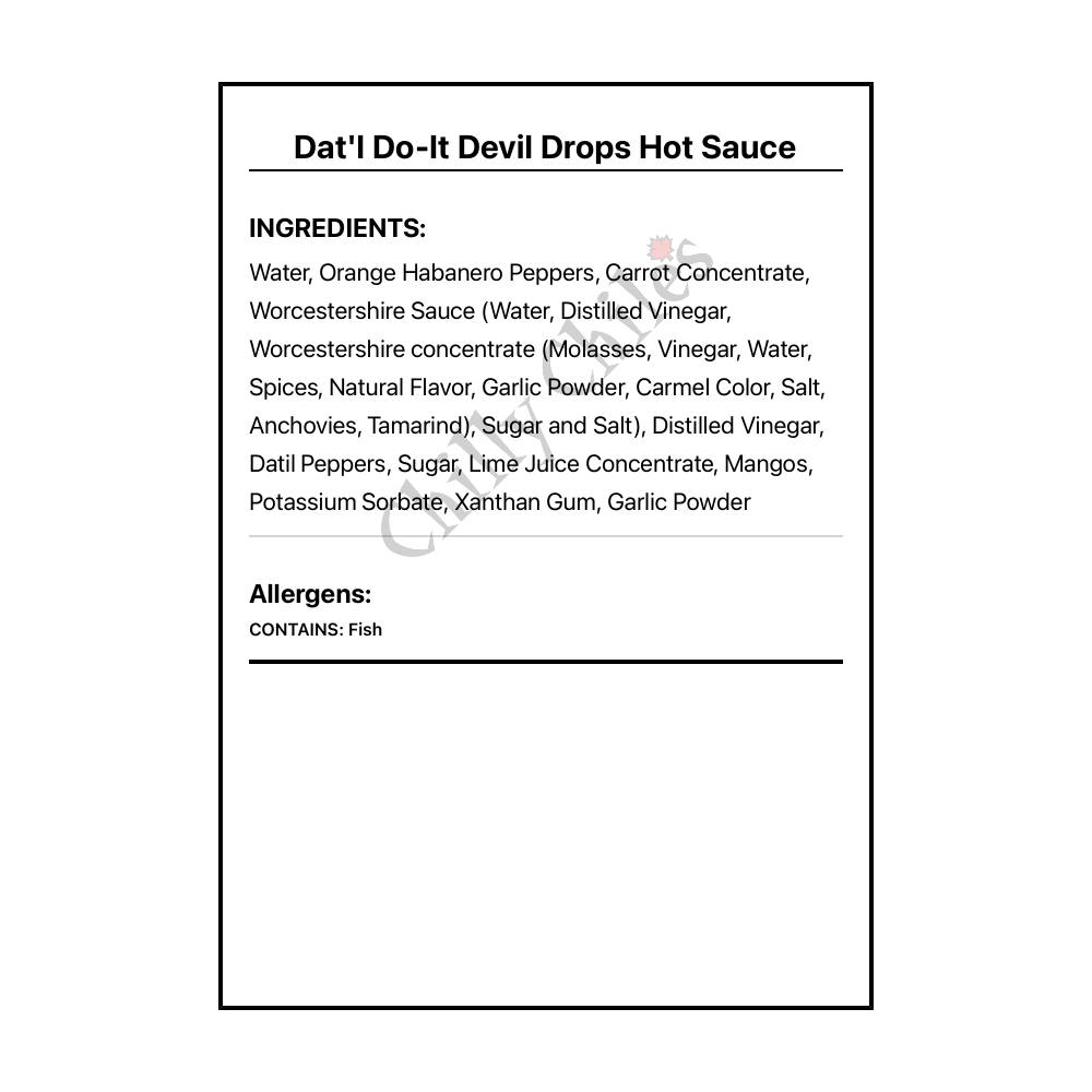 Dat'l Do-It Devil Drops Hot Sauce - Bilingual Ingredients