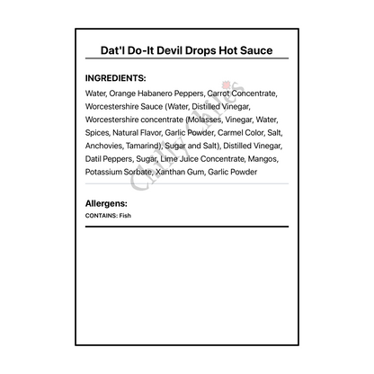 Dat'l Do-It Devil Drops Hot Sauce - Bilingual Ingredients