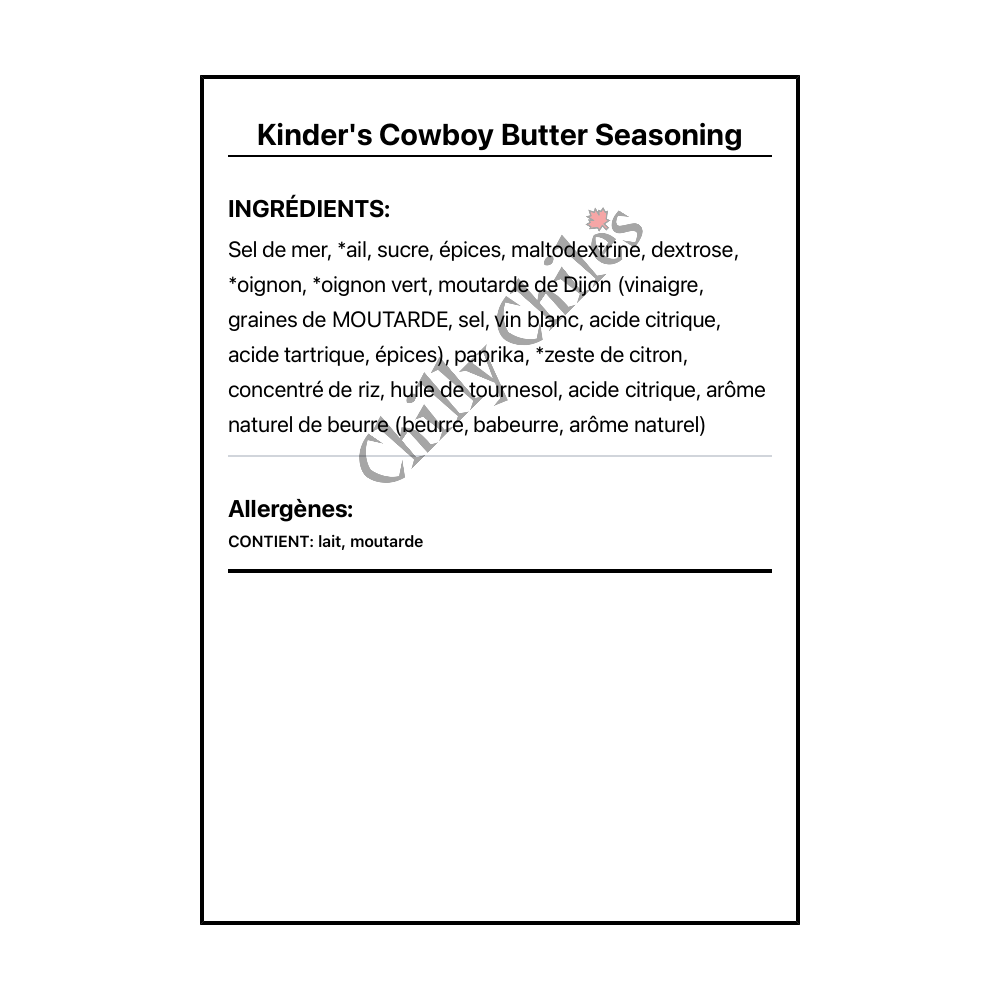 Kinder's Cowboy Butter Seasoning - Ingrédients Français