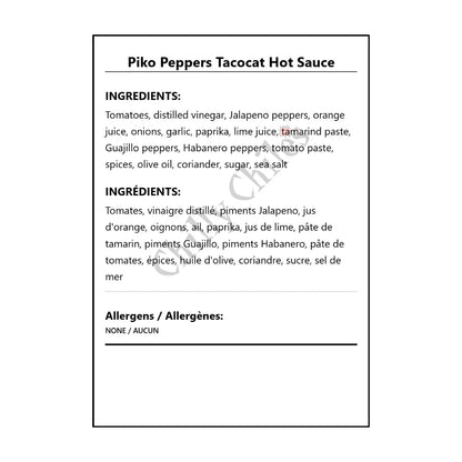 Piko Peppers Tacocat Hot Sauce - Bilingual Ingredients